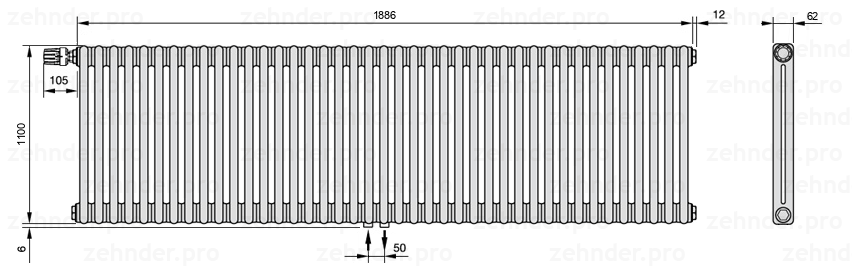 Схема (чертеж) Радиатор Zehnder Charleston 2110/41 №V007 Белый глянцевый RAL 9016